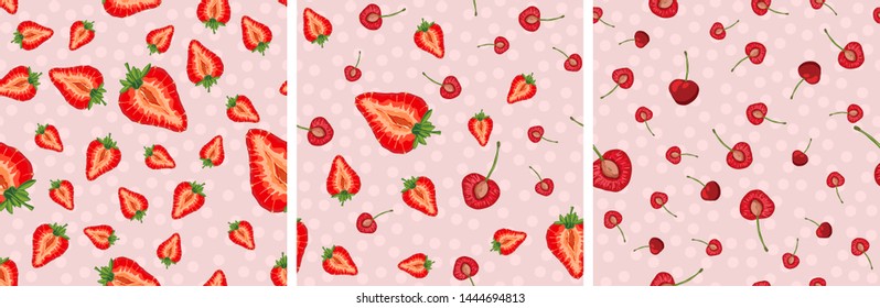 Set of vector seamless pattern with fruit slices. Cherries and strawberries on a pink polka dot background