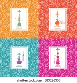 Set of vector seamless pattern with fruit and hookah in trendy linear style. Hookah logo design template. Perfect for tobacco packaging design. Vector background. 