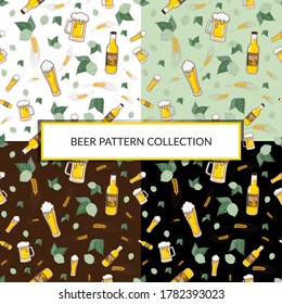Set of Vector Seamless Pattern with Glass of Beer, Mug of Beer, Bottle of Beer and Hop Cone and Barley on Color Background