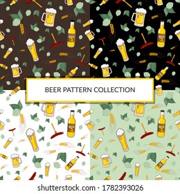 Set of Vector Seamless Pattern with Glass of Beer, Mug of Beer, Bottle of Beer and Hop Cone, Barley and Sausage on Color Background