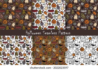 set Vector seamless pattern of halloween clipart.  hand drawn Doodle pattern about the Halloween day. Funny, cute background for design, textile, decoration kids playroom or greeting card. 