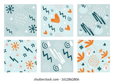 Set vector seamless pattern with hand draw abstract flower, heart, line, brushes. Seamless pattern for print   poster, print, textile design, card. Scandinavian style.
