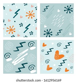 Set vector seamless pattern with hand draw abstract flower, heart, line, brushes. Seamless pattern for print  poster, print, textile design, card. Scandinavian style.