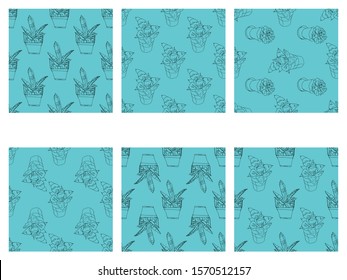 Set of vector seamless pattern with house indoor plants. Cute plants in pots. Hand drawn illustration.