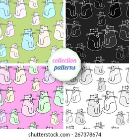 Set of Vector seamless pattern with the image of image of a cute cat on a green, pink, white and black background. original print fabric design, wallpaper, packaging
