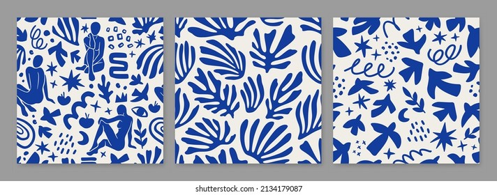 Set of vector seamless pattern include women figures and plants inspired by Matisse. Cut paper different women poses for poster, logos, patterns and covers. Trendy minimal creative style 