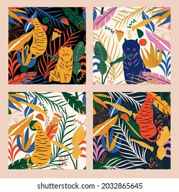 Set of Vector Seamless Pattern With Leopard, Tiger, and tropical Leaves. Trendy and abstract style. 