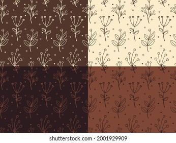 Set vector seamless pattern with line drawn herbs and flowers with chocolate colors.