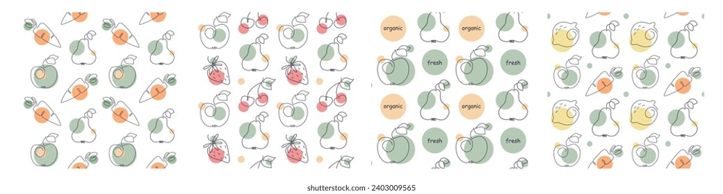 Set of vector seamless pattern with line art fruits and vegetables. Healthy food wallpaper.