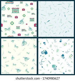 Set of vector seamless pattern with Medical supplies, accessories and attributes. Hospital, wheelchair, tonometer and more. Stylized drawing for web design, logo, app, UI. Stock illustration