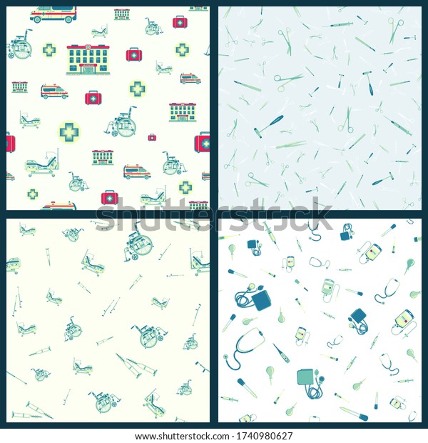 Set of vector seamless pattern with Medical\
supplies, accessories and attributes. Hospital, wheelchair,\
tonometer and more. Stylized drawing for web design, logo, app, UI.\
Stock illustration