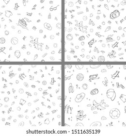 Set of vector seamless pattern with monochrome funny doodle summer symbols for a beach holiday. Linear hand drawn illustration