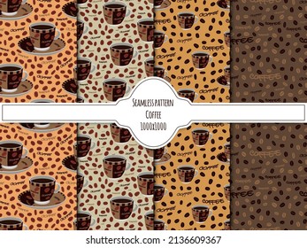 A set of vector seamless pattern of mugs and coffee beans on a background. The coffee concept.