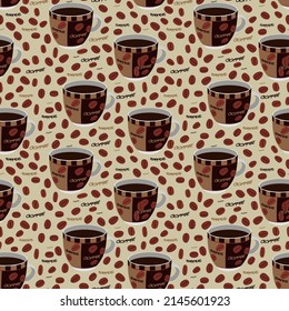 A set of vector seamless pattern of mugs and coffee beans on a background. The coffee concept.