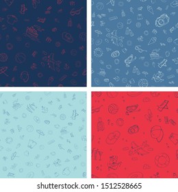 Set of vector seamless pattern with multicolour funny doodle summer symbols for a beach holiday. Colorful hand drawn illustration