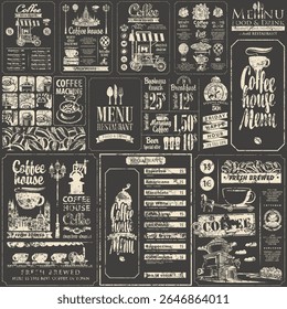 Conjunto de padrão vetor sem emenda no café temático com máquina de café, paisagem urbana, grãos de café, copos, talheres, etiquetas de preço e café ou inscrição café. Faixa, logotipo, menu, etiqueta. Nenhuma IA usada
