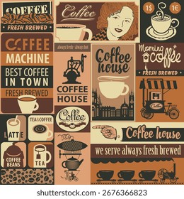 Set of vector seamless pattern on coffee themed with coffee machine, cityscape, coffee beans, cups, pointer, price tags and inscription. Banner, logo, menu, label. Wallpaper, wrapping paper. No ai