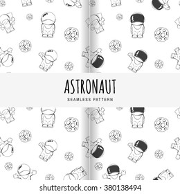 set of vector seamless pattern on the space theme. Concept. Cartoon astronaut in outer space