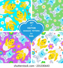 Set of vector seamless pattern with rabbits, flowers and chickens. The ideal solution for the design of things and clothes for children.