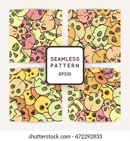 Set of vector seamless pattern with random skulls. Scary design.
