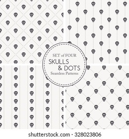 Set of vector seamless pattern with small black skulls and dotted lines on a white background. Minimalistic black-and-white endless backdrop with death symbols