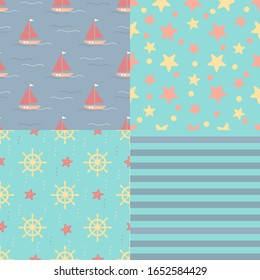 Set of vector seamless pattern with stars. toys. flowers. toy ships. fishes and starfishes.