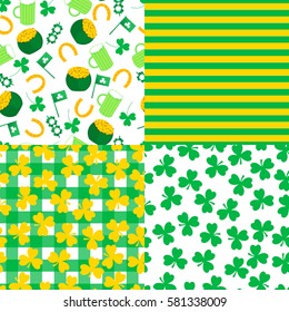 Set Vector seamless pattern. St.Patrick 's Day. Background with coins, shamrock, beer and flags. Checkered and striped background.