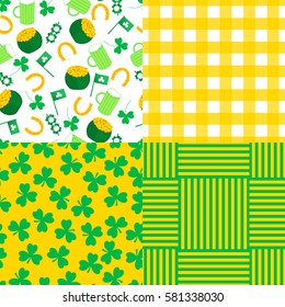 Set Vector seamless pattern. St.Patrick 's Day. Background with coins, shamrock, beer and flags. Checkered and striped background.