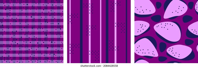 Set of Vector seamless pattern with stripes, polka dots, checkered, square, lines in pink lilac, inky blue on Velvet Violet background. Trendy 2022 color geometry. Regal purple palette. Cute print.