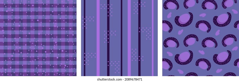 Set of Vector seamless pattern with stripes, polka dots, checkered, square, leopard, lines in violet red, purple color on Very Peri background. Trendy color gradient geometry. Geometric Cute print.