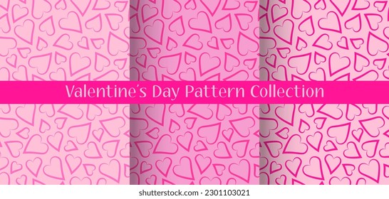 Set of Vector Seamless Pattern for Valentine's Day with Hearts in Pink Colours.