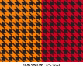 Set Vector Seamless pattern. Wide cell background red and orange color cloth in a cage. Abstract checkered backdrop on dark.
