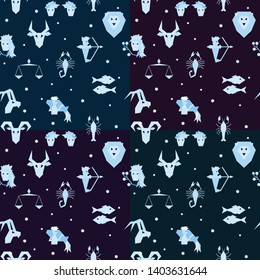 Set of vector seamless pattern of zodiac signs. Geometrical zodiac sign figures. Dark blue and violet hints.