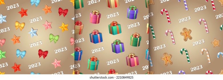 Set of vector seamless patterns. 3d gift boxes, stars, candy cane and gingerbread. Xmas wallpaper, background with sweets, presents, decoration and 2023 text. Wrapping paper, textile concept. 