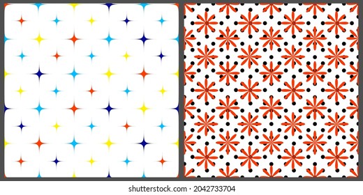 Set of vector seamless patterns. Abstract orange flowers on a white and blue background. Geometric pattern of multicolored stars and circles on the background. 
