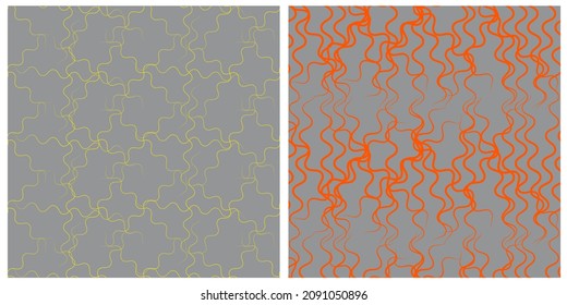A set of vector seamless patterns. Abstract wavy lines in a chaotic arrangement of yellow and orange on a gray isolated background. 