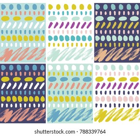 Set of vector seamless patterns with abstract hand drawn paint lines, blots and textures.