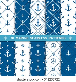 Set of vector seamless patterns with anchor and helm or steering wheel. Sea or marine and nautical backgrounds in navy blue and white colors. Design element for invitation, greeting card, fabric.