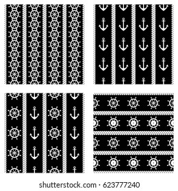 Set of vector seamless patterns with anchor, steering wheel and rope. Creative geometric symmetrical background, nautical theme. Graphic illustration. Black and white