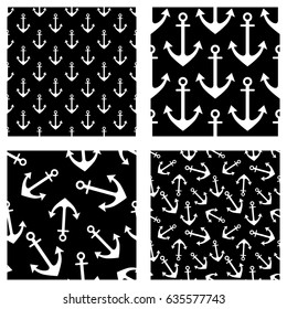 Set of vector seamless patterns with anchor. Creative geometric backgrounds, nautical theme. Graphic illustration. Print for wrapping, decor, backgrounds, wallpaper, surface