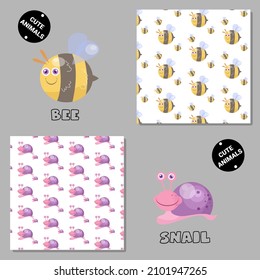 Set of vector seamless patterns with animals. Hand drawn illustration of bee and snail. Print on T-shirts, bags and and other fashion products. Design children's clothing and accessories
