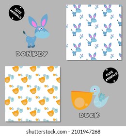 Set of vector seamless patterns with animals. Hand drawn illustration of donkey and duck. Print on T-shirts, bags and and other fashion products. Design children's clothing and accessories