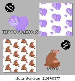 Set of vector seamless patterns with animals. Hand drawn illustration of hippopotamus and bear. Print on T-shirts, bags and and other fashion products. Design children's clothing and accessories