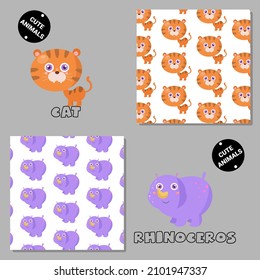 Set of vector seamless patterns with animals. Hand drawn illustration of cat and rhinoceros. Print on T-shirts, bags and and other fashion products. Design children's clothing and accessories