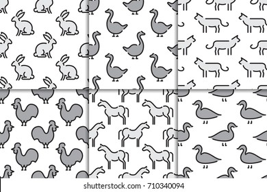 Set of vector seamless patterns with animals and birds. Children vector patterns for printing on fabric in the printing industry and as the background
