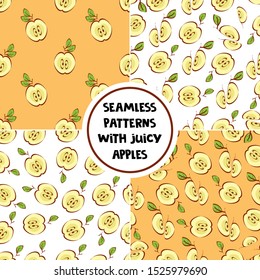 Set of vector seamless patterns with apple slices. Fruit backgrounds for package, tablecloth, fabric, wallpaper, textile, web design.