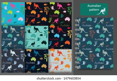 Set of vector seamless patterns of Australian symbols. Illustration of kangaroo, koala, lyre bird, platypus, echidna, bottle tree, Australia continent, word Australia background