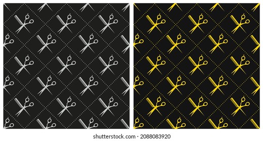 A set of vector seamless patterns. Barber tools scissors and comb in gold and silver color on dark isolated background. 