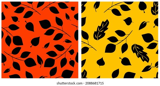 Set of vector seamless patterns. Black contour leaves of various shapes on orange and yellow isolated background. 