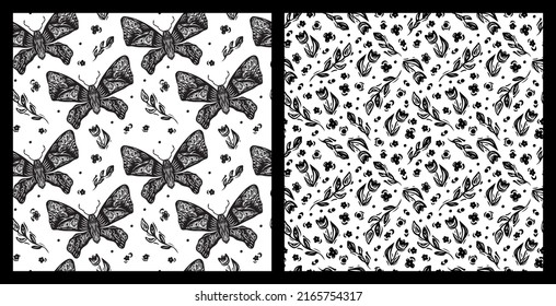 Set of vector seamless patterns. Black white Butterfly and flowers in linocut style. Hand drawn vector illustration of decorative floral insect silhouette. Folk art design for fabric, paper, textile